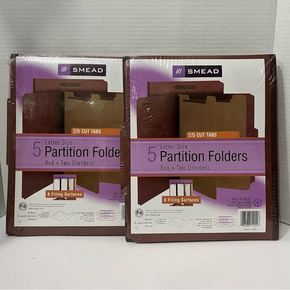 Lot 2 SMEAD Letter Size 5 Partition Folders Red Two Dividers 2/5 Cut Tabs #14054